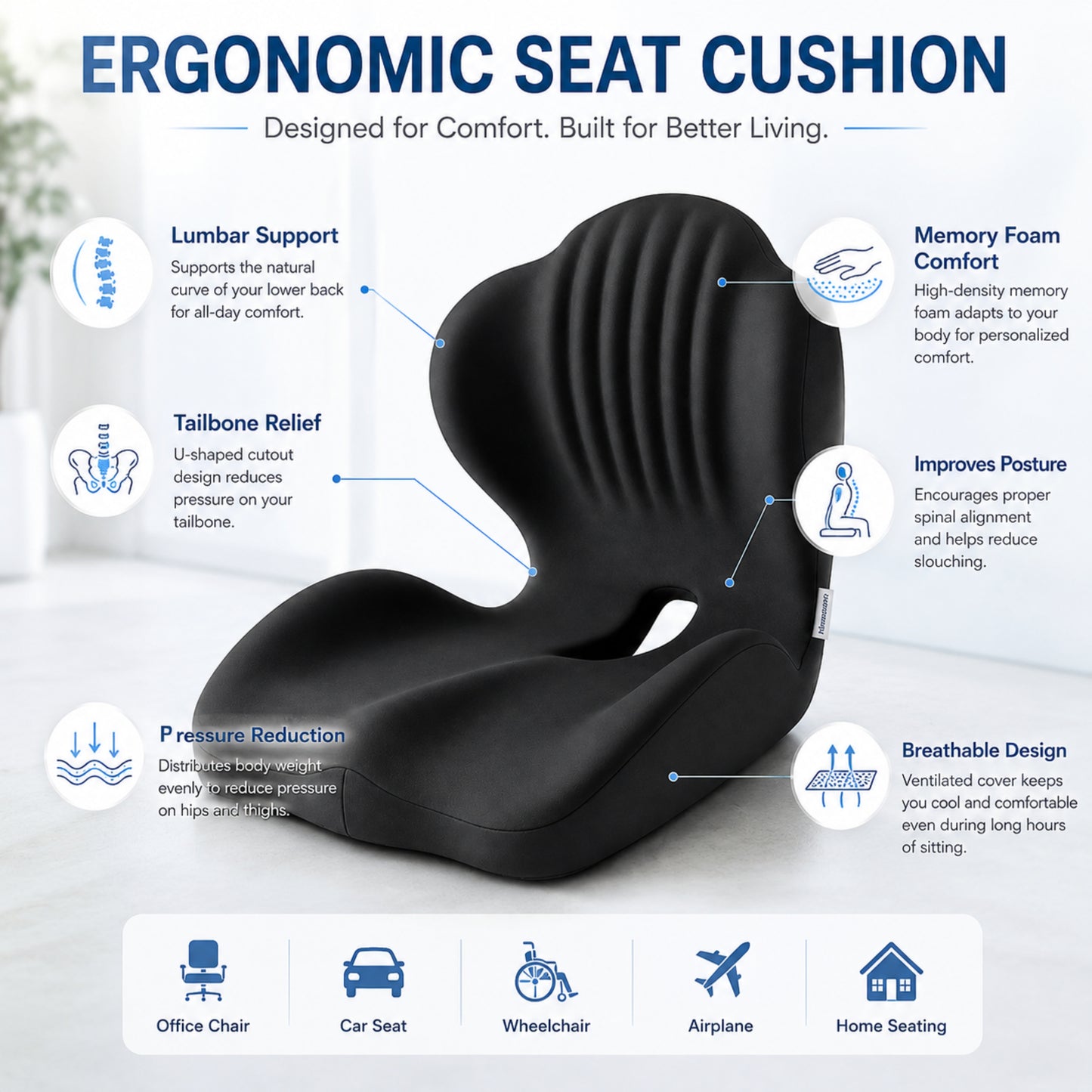 Hushly Ergonomic Memory Foam Seat Cushion with Lumbar Support
