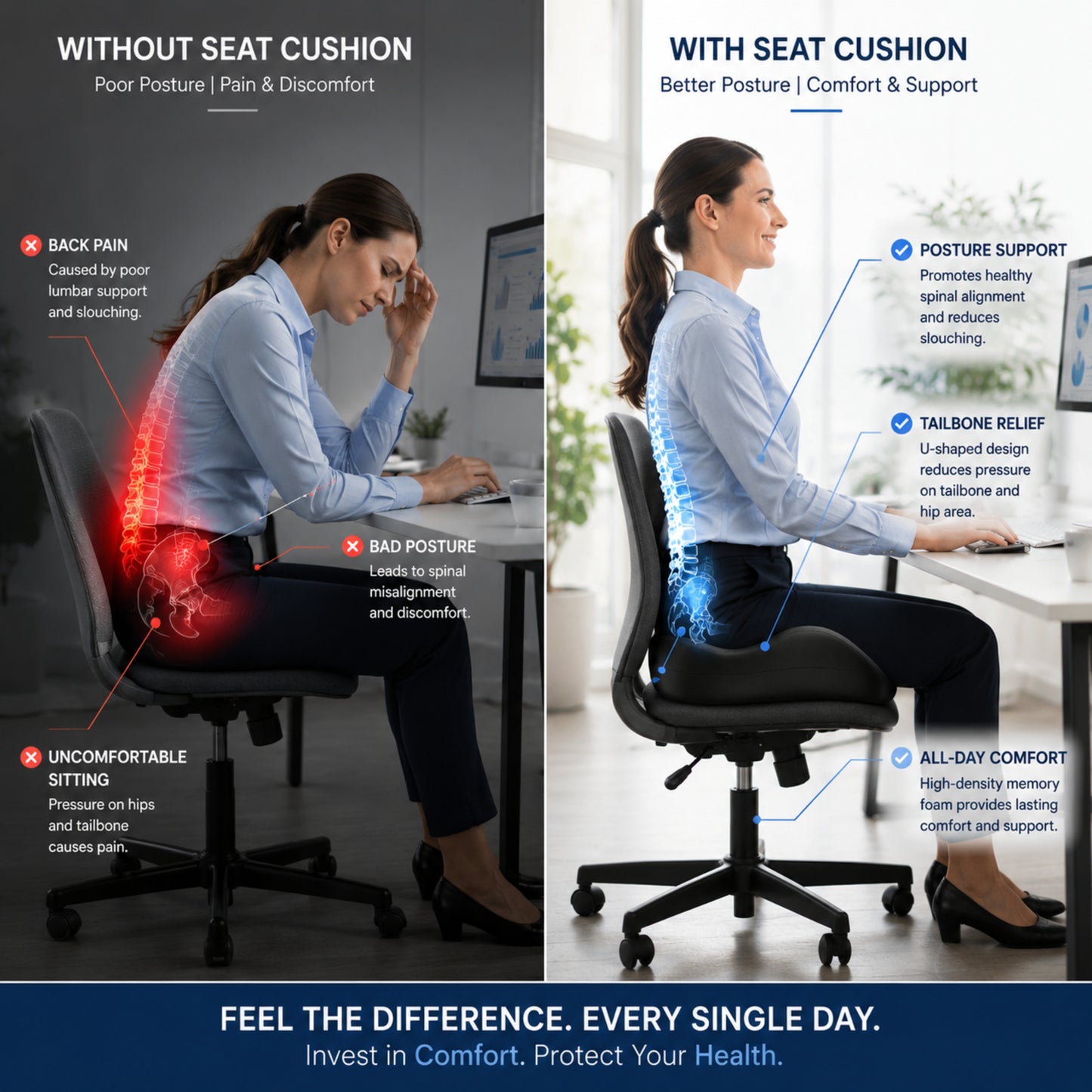 Hushly Ergonomic Memory Foam Seat Cushion with Lumbar Support